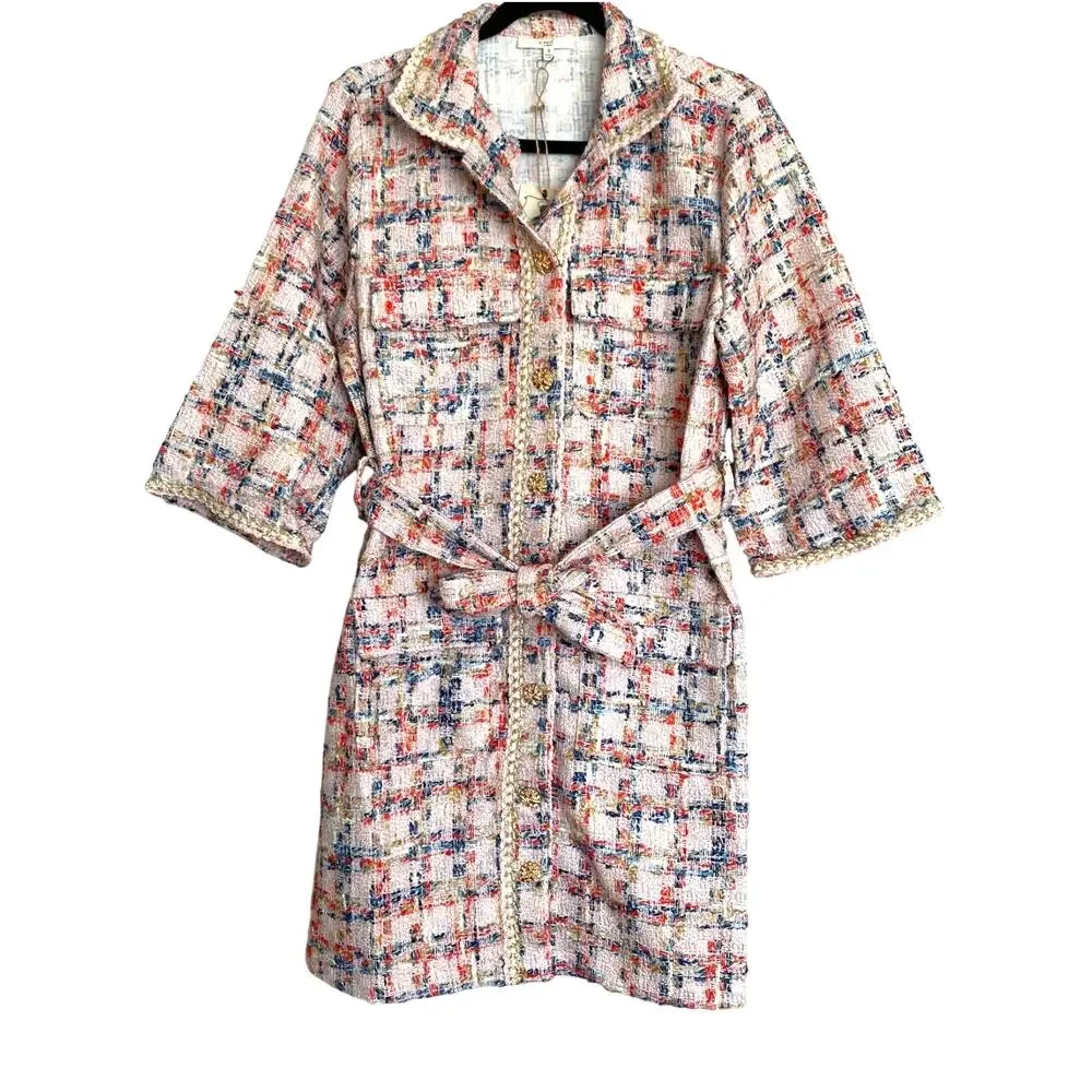 Easel Tweed Belted Shirt Dress/Coat, Teal Blush - Picture 8 of 11